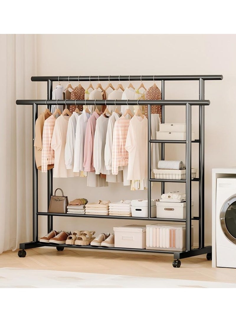 DubaiGallery Metal Garment Rack with Double Hanging Rail, Storage Shelves and Caster Wheels, Large Capacity Clothes Organizer Stand for Home, Closet, Boutique, Laundry Room - Image 1